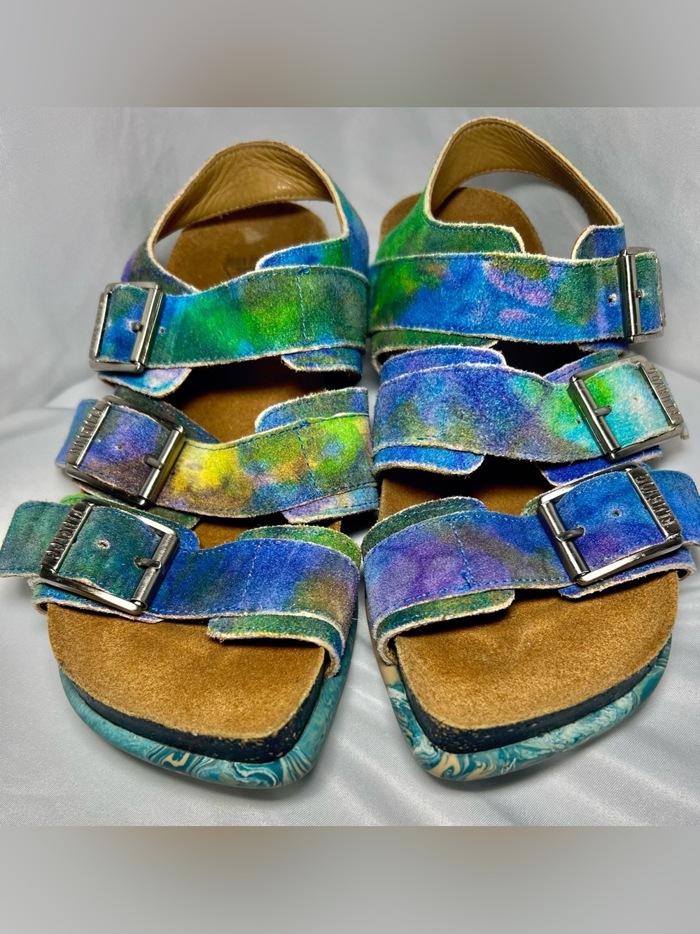 John Fluevog Elsie Suede Buckle Sandals Tie Dye Blue Green Multi Slingback Sz 7